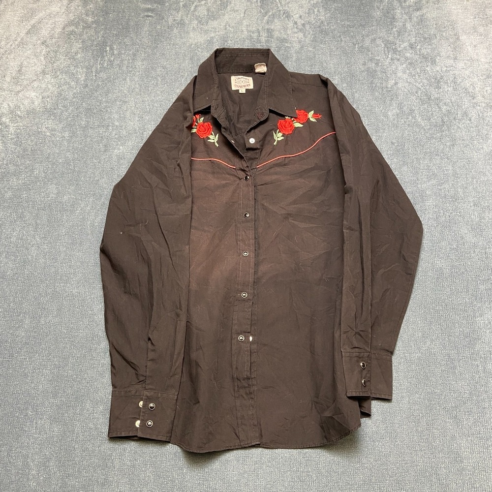 Ely Country Charmers Western Shirt Womens L Black Red Rose Embroidery Button Up